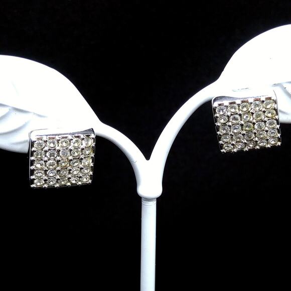 Vintage Swarovski Square Rhinestone Post Earrings, Swan Logo, Rhodium Plated - Picture 4 of 10